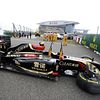 The damaged Lotus F1 E22 of Pastor Maldonado