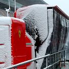 Ferrari pit gantry with snow