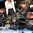 Mercedes AMG F1 W11 worked on by mechanics